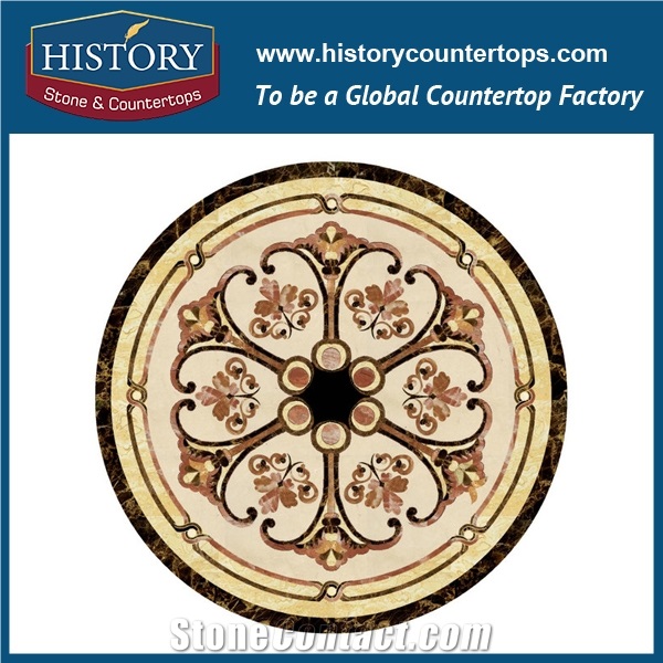 White Jade, Dark Emperador, Inca Gold, Water Jet Mosaic Tiles Round Shape Florence Natural Stone Artistic Medallions for Villa, Hotel, Living Room