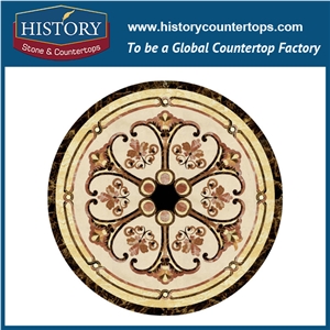 White Jade, Dark Emperador, Inca Gold, Water Jet Mosaic Tiles Round Shape Florence Natural Stone Artistic Medallions for Villa, Hotel, Living Room