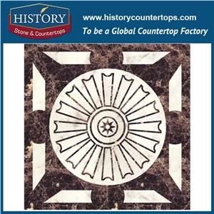 White Jade, Dark Emperador Marble Stone Designs Water Jet Cutting Mosaic Tiles Arts Floor Covering Square Starburst Pattern Decorative Medallions