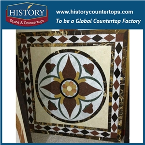 White Jade, Dark Emperador Marble Stone Designs Water Jet Cutting Mosaic Tiles Arts Floor Covering Square Starburst Pattern Decorative Medallions