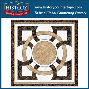 White Jade, Dark Emperador Marble Stone Water Jet Shower Paving Sicis Mosaic Tiles, Square Florence Pattern Interior Decoration Medallions