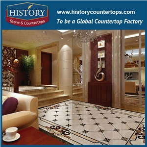 White Jade, Inca Gold Natural Marble Stone Water Jet Mosaic Tiles, Hotel Lobby Floor Rectangular Simple Flower Home Decoration Medallions