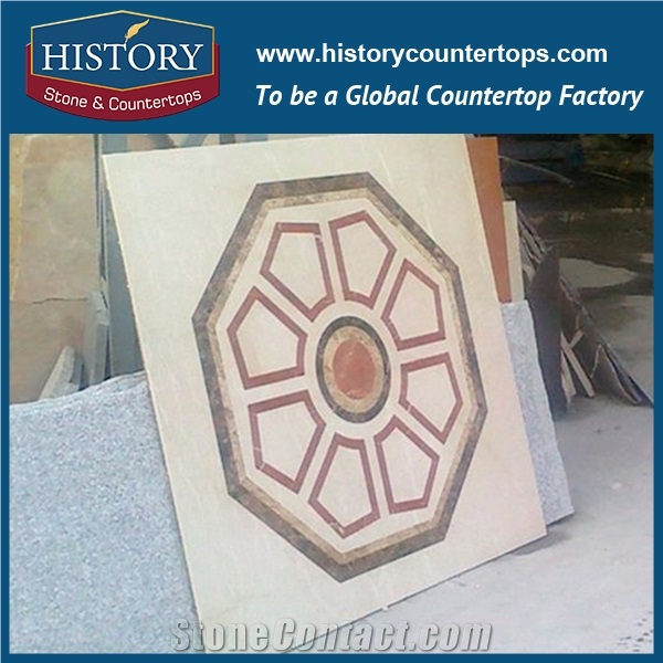 White Jade, Inca Gold Natural Marble Stone Water Jet Mosaic Tiles, Hotel Lobby Floor Rectangular Simple Flower Home Decoration Medallions