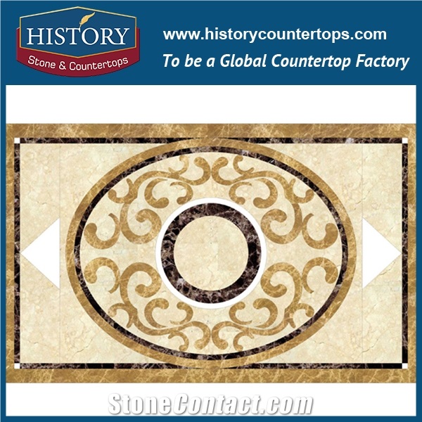 White Jade, Inca Gold Natural Marble Stone Water Jet Mosaic Tiles, Hotel Lobby Floor Rectangular Simple Flower Home Decoration Medallions