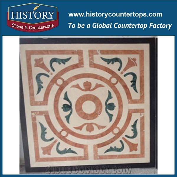 White Jade, Light Emperador, Black, Red Marble Stone Water Jet Mosaic Tiles, Square Sunflower Villa, Lobby, Hotel Entrance Flooring Medallions