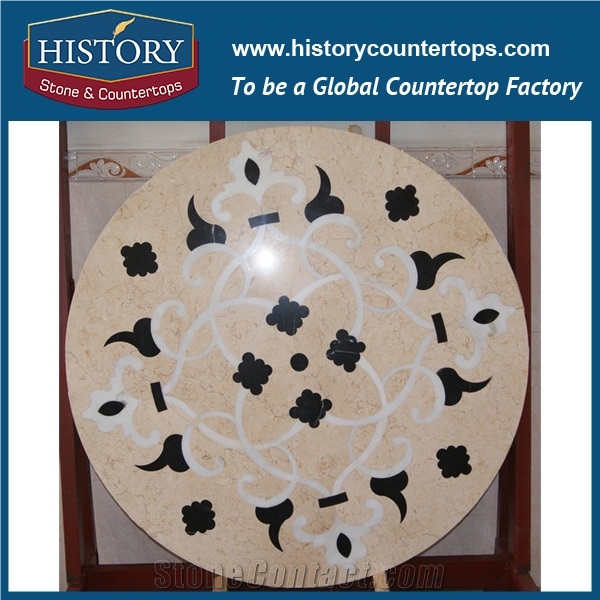 White Jade, Nero Marguina, Champagne Gold Stone Marble Water Jet Cutter Mosaic Artistic Tiles Designs Round Pattern Abstract Floor Medallions