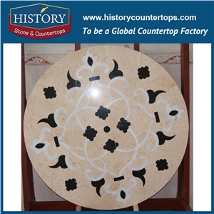 White Jade, Nero Marguina, Champagne Gold Stone Marble Water Jet Cutter Mosaic Artistic Tiles Designs Round Pattern Abstract Floor Medallions