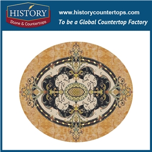 White Jade, Nero Marguina, Champagne Gold Stone Marble Water Jet Cutter Mosaic Artistic Tiles Designs Round Pattern Abstract Floor Medallions