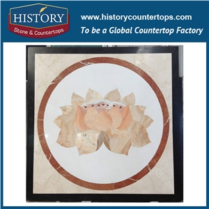 White Jade, Rose Marble Stone Water Jet Cutter Modern Mosaic Artistic Tiles Designs Square Lotus Hotel Mall Entry Way Inlay Floor Medallions