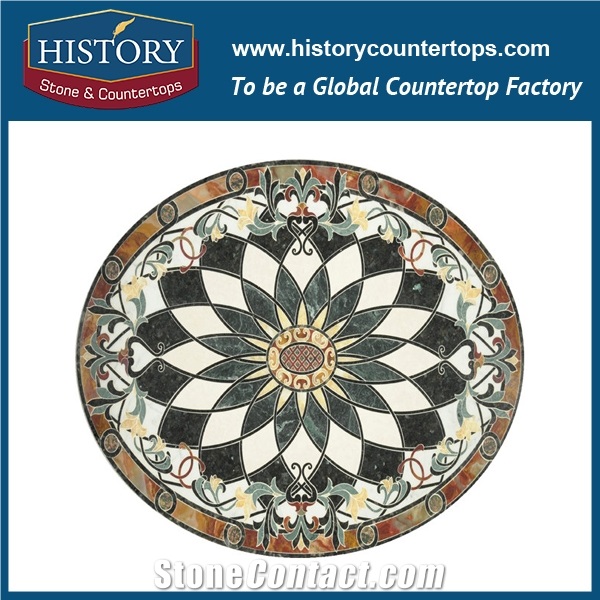 White Jade, Verde Alpi Marble Black Galaxy Granite Multicolor Onyx Water Jet Premium Mosaic Tiles, Round Sunflower Luxury Mall, Villa Medallions
