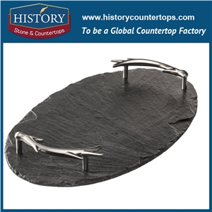 Wholesale Black Natural Slate Stone Round Pattern Pizza Cheese Board with Branch Shape Handles, Slate Handle Dinner Tapas Plate