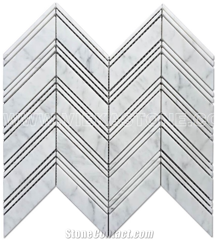 Bianco Carrara White Marble Mosaic Tile Chevron Pattern Polished Sheet 12‘’X12 for Interiro Kitchen, Bathroom, Backsplash Wall Floor Covering