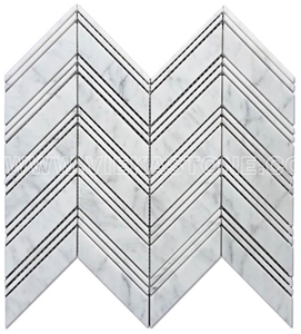 Bianco Carrara White Marble Mosaic Tile Chevron Pattern Polished Sheet 12‘’X12 for Interiro Kitchen, Bathroom, Backsplash Wall Floor Covering