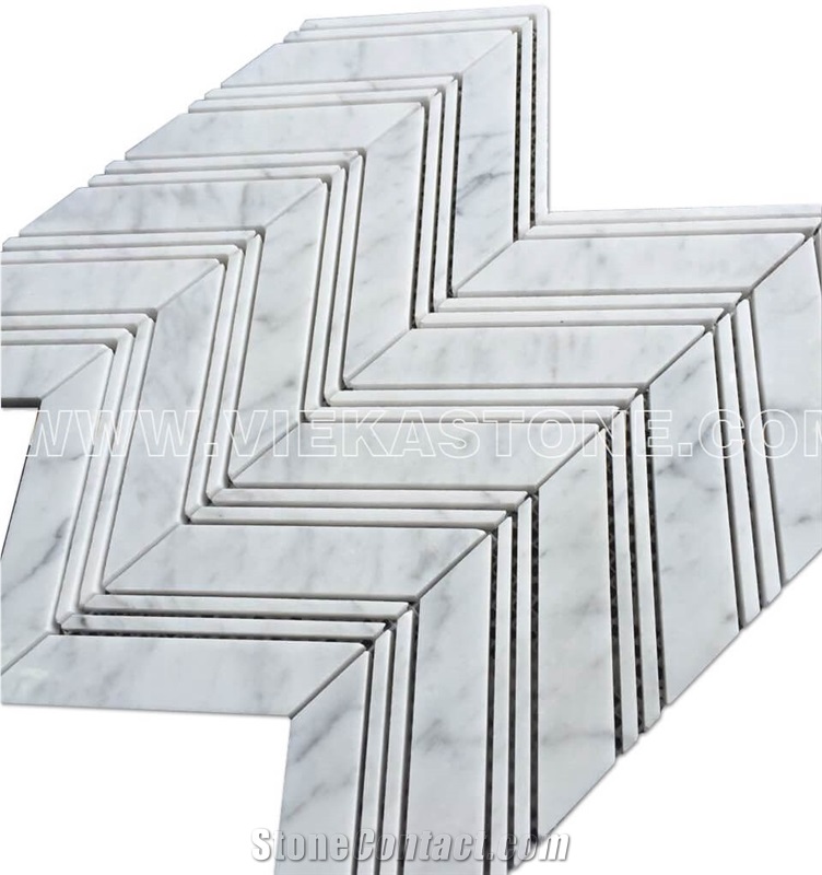 Bianco Carrara White Marble Mosaic Tile Chevron Pattern Polished Sheet 12‘’X12 for Interiro Kitchen, Bathroom, Backsplash Wall Floor Covering