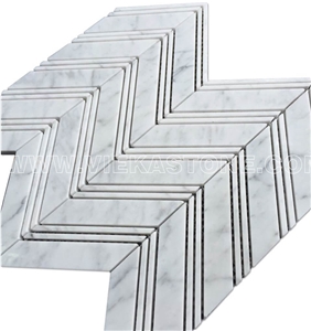 Bianco Carrara White Marble Mosaic Tile Chevron Pattern Polished Sheet 12‘’X12 for Interiro Kitchen, Bathroom, Backsplash Wall Floor Covering