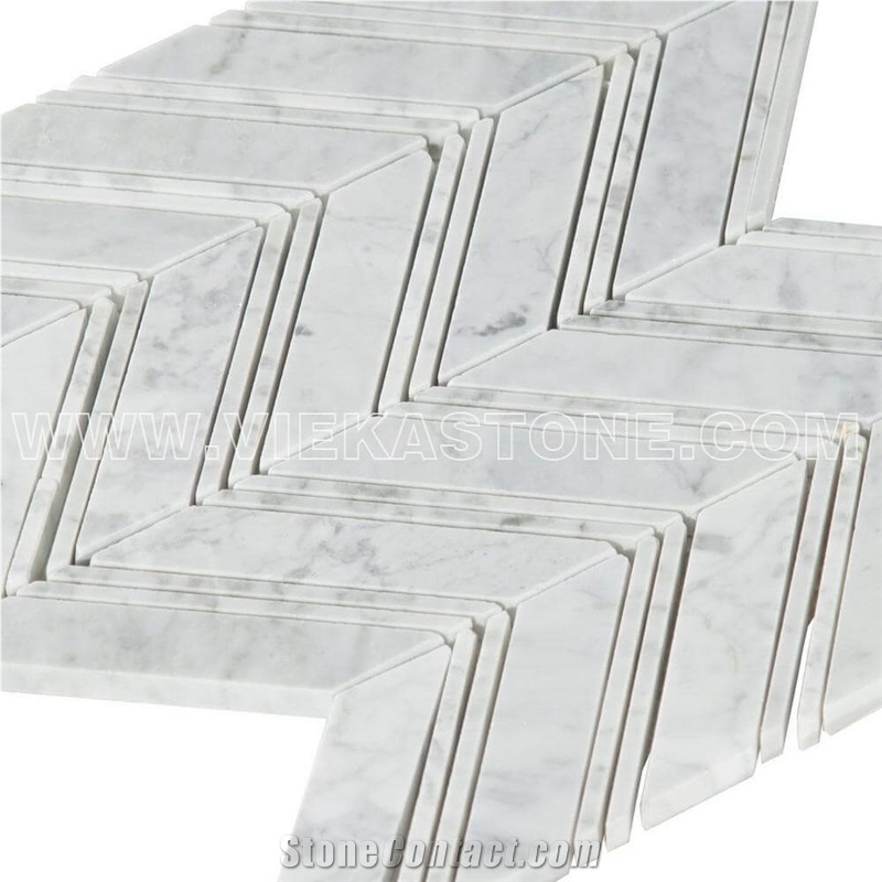 Bianco Carrara White Marble Mosaic Tile Chevron Pattern Polished Sheet 12‘’X12 for Interiro Kitchen, Bathroom, Backsplash Wall Floor Covering