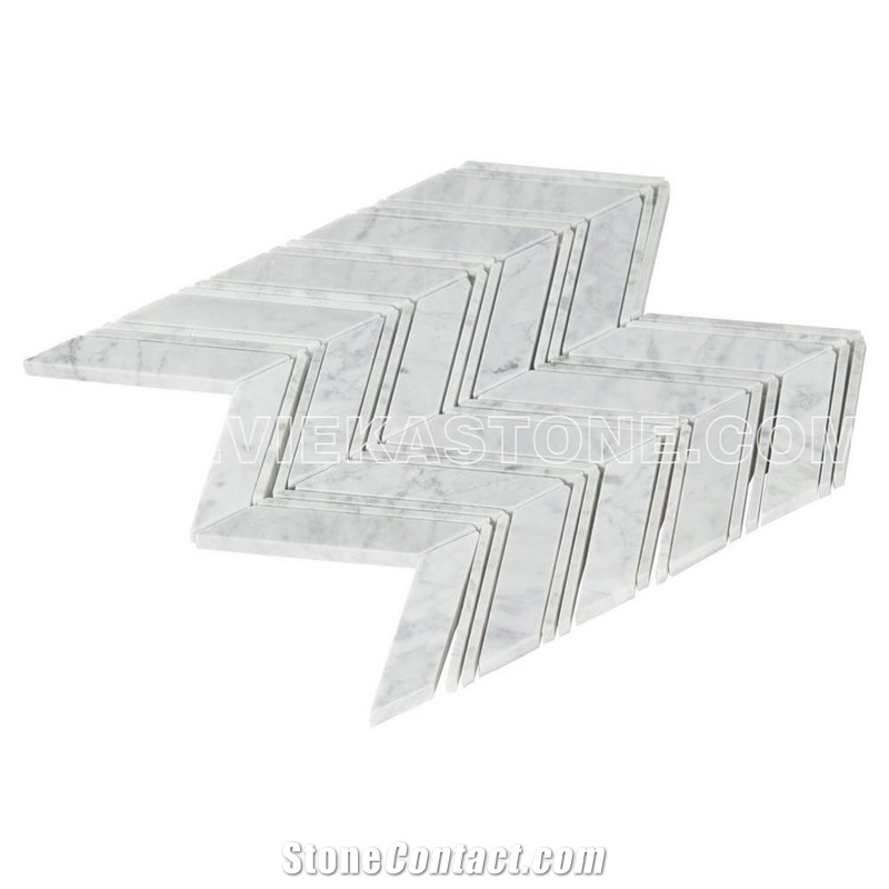 Bianco Carrara White Marble Mosaic Tile Chevron Pattern Polished Sheet 12‘’X12 for Interiro Kitchen, Bathroom, Backsplash Wall Floor Covering