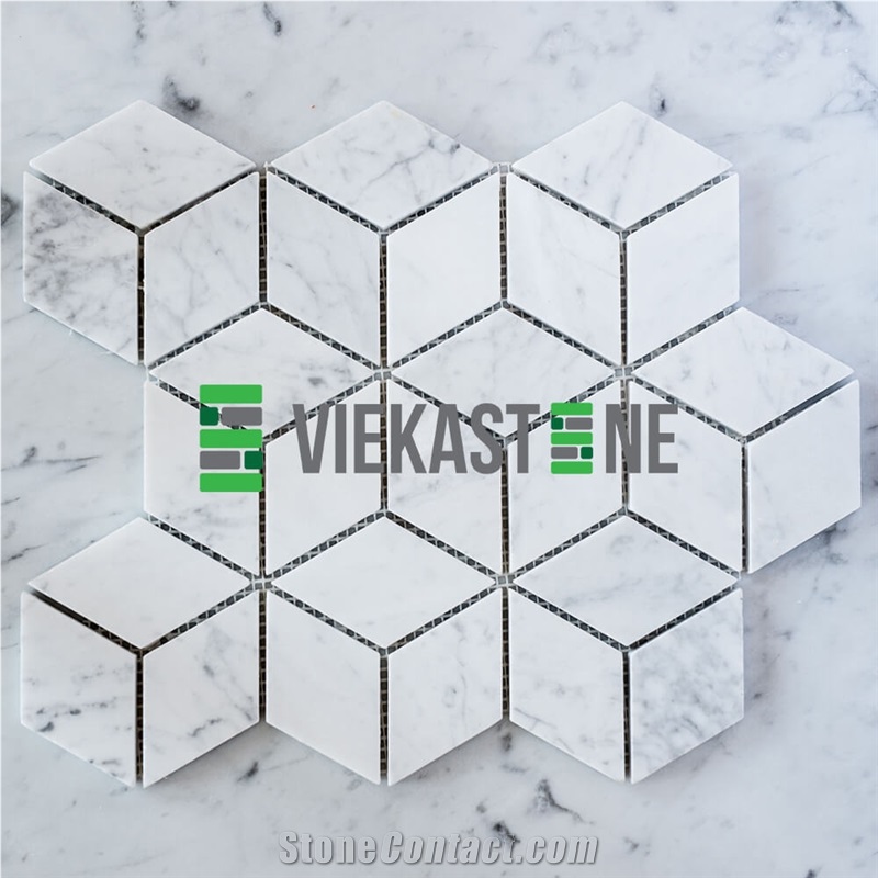 Bianco Carrara White Marble Mosaic Tile Cube Rhombus Pattern 12‘’X12 Vieka Stone for Kitchen, Washroom, Bathroom, Backsplash Wall and Floor Covering