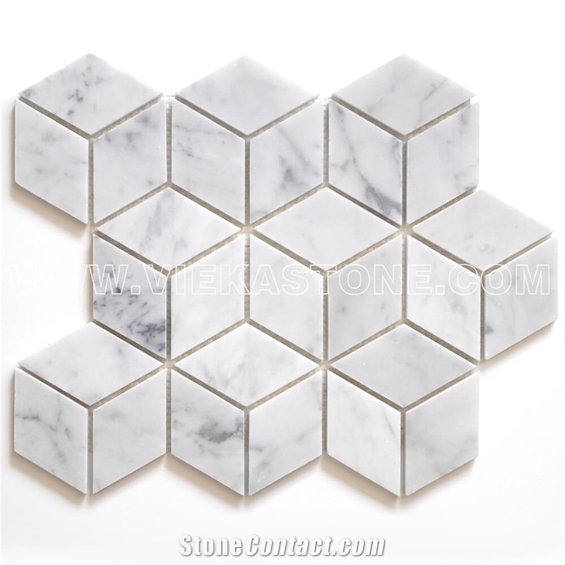 Bianco Carrara White Marble Mosaic Tile Cube Rhombus Pattern 12‘’X12 Vieka Stone for Kitchen, Washroom, Bathroom, Backsplash Wall and Floor Covering