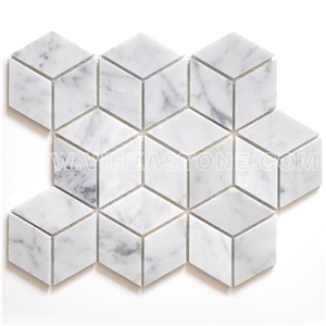 Bianco Carrara White Marble Mosaic Tile Cube Rhombus Pattern 12‘’X12 Vieka Stone for Kitchen, Washroom, Bathroom, Backsplash Wall and Floor Covering