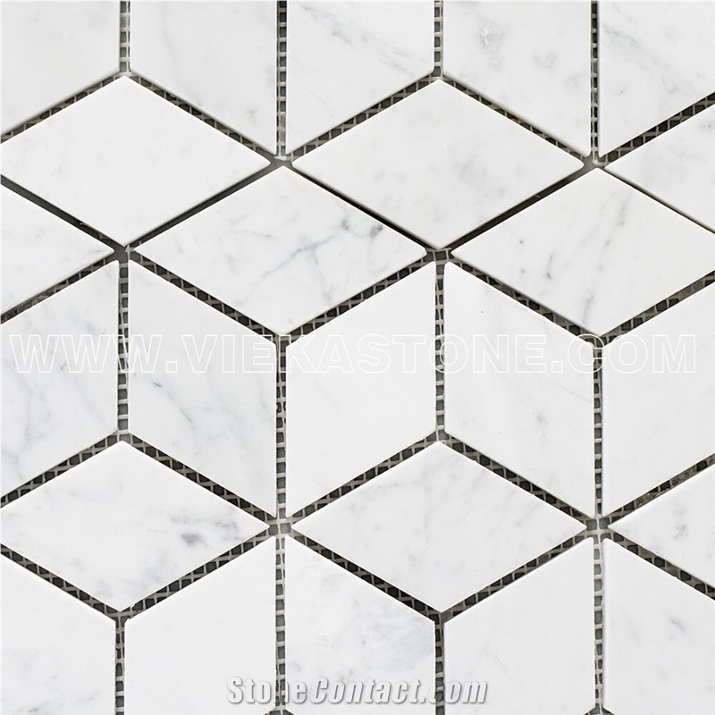 Bianco Carrara White Marble Mosaic Tile Cube Rhombus Pattern 12‘’X12 Vieka Stone for Kitchen, Washroom, Bathroom, Backsplash Wall and Floor Covering