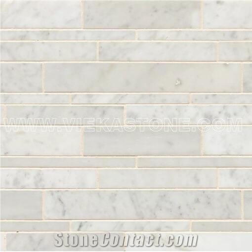 Bianco Carrara White Marble Mosaic Tile Randowm Length Strip Brick Polished for Interiro Kitchen, Bathroom, Backsplash Wall Floor Covering