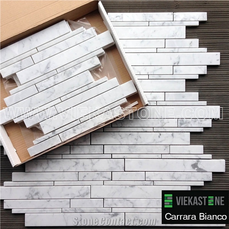 Bianco Carrara White Marble Mosaic Tile Randowm Length Strip Brick Polished for Interiro Kitchen, Bathroom, Backsplash Wall Floor Covering