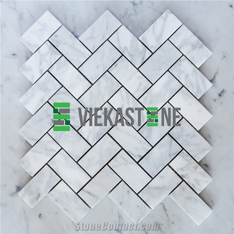 Bianco Carrara White Marble Mosaictile Herringbone Pattern Chips 1x3" Sheet 12"X12" for Kitchen, Bathroom, Backsplash Wall and Floor Covering