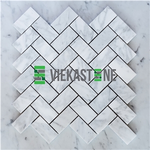 Bianco Carrara White Marble Mosaictile Herringbone Pattern Chips 1x3" Sheet 12"X12" for Kitchen, Bathroom, Backsplash Wall and Floor Covering