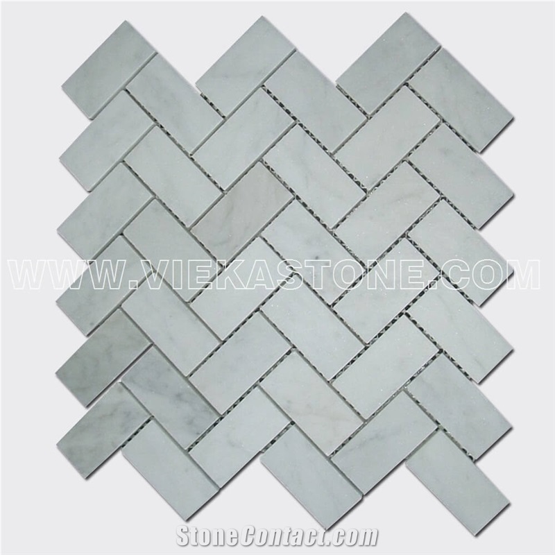 Bianco Carrara White Marble Mosaictile Herringbone Pattern Chips 1x3" Sheet 12"X12" for Kitchen, Bathroom, Backsplash Wall and Floor Covering