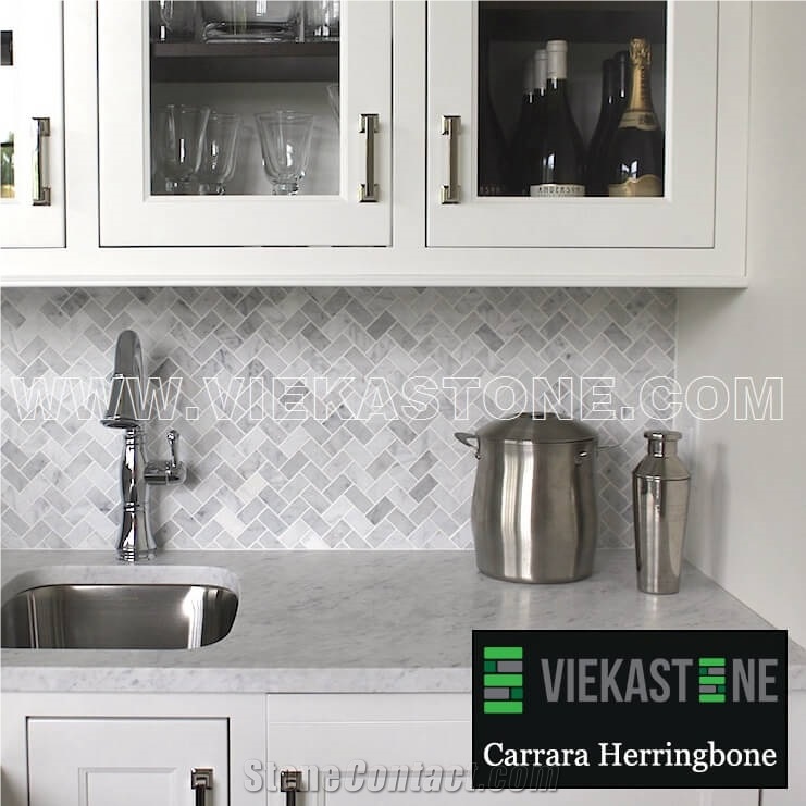 Bianco Carrara White Marble Mosaictile Herringbone Pattern Chips 1x3" Sheet 12"X12" for Kitchen, Bathroom, Backsplash Wall and Floor Covering