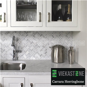 Bianco Carrara White Marble Mosaictile Herringbone Pattern Chips 1x3" Sheet 12"X12" for Kitchen, Bathroom, Backsplash Wall and Floor Covering