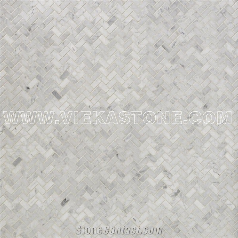 Bianco Carrara White Marble Mosaictile Herringbone Pattern Chips 1x3" Sheet 12"X12" for Kitchen, Bathroom, Backsplash Wall and Floor Covering