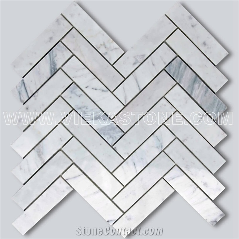 Bianco Carrara White Marble Mosaictile Herringbone Pattern Chips 1x4 Sheet 12‘’X12 for Kitchen, Bathroom, Backsplash Wall and Floor Covering