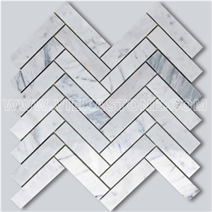 Bianco Carrara White Marble Mosaictile Herringbone Pattern Chips 1x4 Sheet 12‘’X12 for Kitchen, Bathroom, Backsplash Wall and Floor Covering