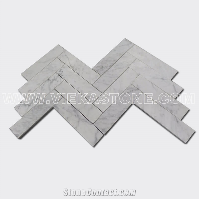 Bianco Carrara White Marble Mosaictile Herringbone Pattern Chips 1x4 Sheet 12‘’X12 for Kitchen, Bathroom, Backsplash Wall and Floor Covering