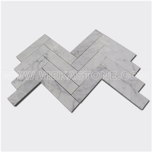 Bianco Carrara White Marble Mosaictile Herringbone Pattern Chips 1x4 Sheet 12‘’X12 for Kitchen, Bathroom, Backsplash Wall and Floor Covering