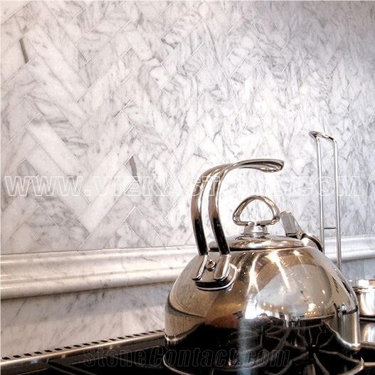 Bianco Carrara White Marble Mosaictile Herringbone Pattern Chips 1x4 Sheet 12‘’X12 for Kitchen, Bathroom, Backsplash Wall and Floor Covering