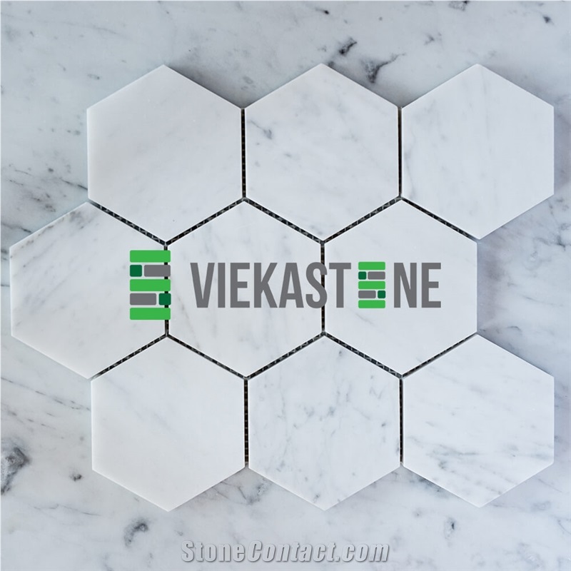 Bianco Carrara White Marble Mosaictile Hexagon Pattern Chips 110 mm Sheet 12‘’X12 for Interiro Kitchen, Bathroom, Backsplash Wall Floor Covering