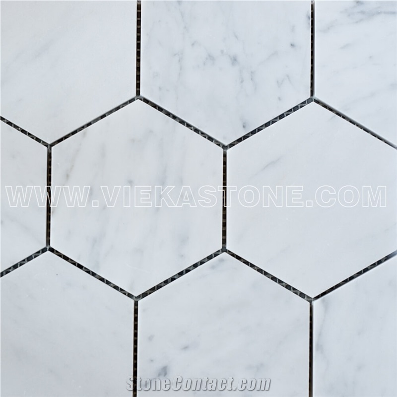 Bianco Carrara White Marble Mosaictile Hexagon Pattern Chips 110 mm Sheet 12‘’X12 for Interiro Kitchen, Bathroom, Backsplash Wall Floor Covering