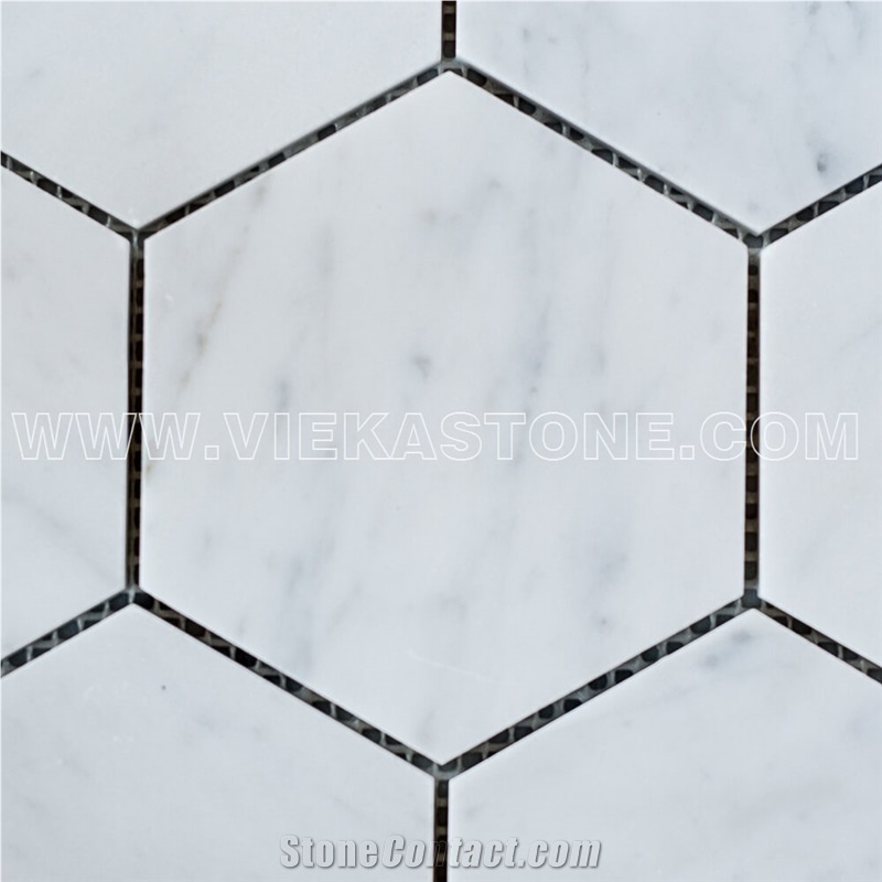 Bianco Carrara White Marble Mosaictile Hexagon Pattern Chips 110 mm Sheet 12‘’X12 for Interiro Kitchen, Bathroom, Backsplash Wall Floor Covering