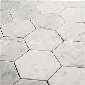 Bianco Carrara White Marble Mosaictile Hexagon Pattern Chips 110 mm Sheet 12‘’X12 for Interiro Kitchen, Bathroom, Backsplash Wall Floor Covering