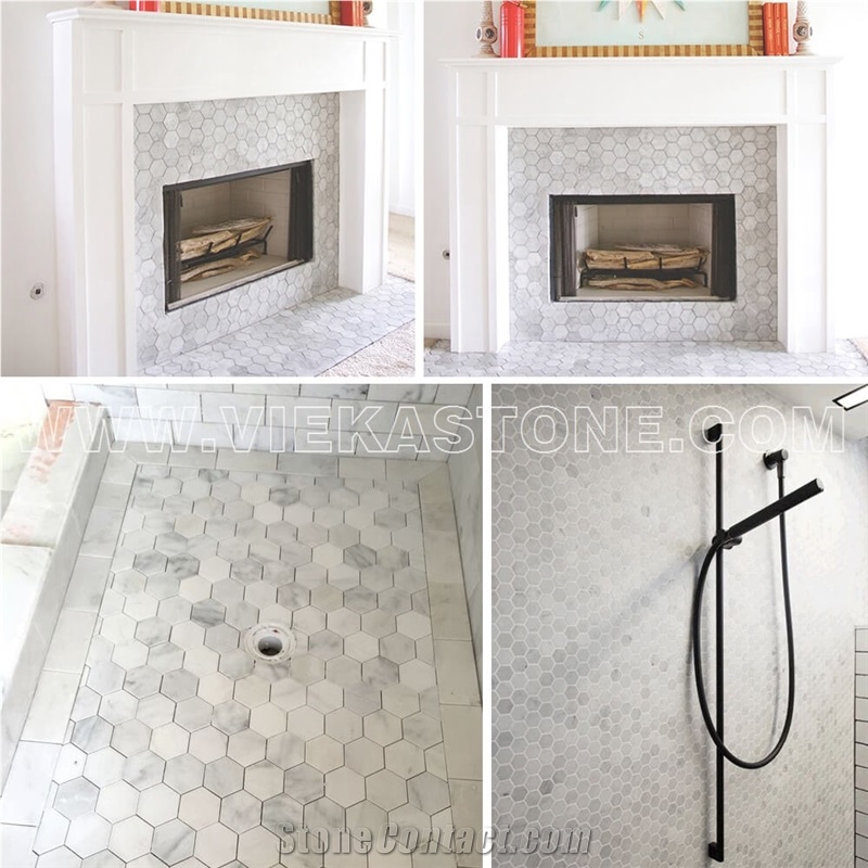 Bianco Carrara White Marble Mosaictile Hexagon Pattern Chips 110 mm Sheet 12‘’X12 for Interiro Kitchen, Bathroom, Backsplash Wall Floor Covering