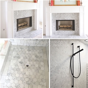 Bianco Carrara White Marble Mosaictile Hexagon Pattern Chips 110 mm Sheet 12‘’X12 for Interiro Kitchen, Bathroom, Backsplash Wall Floor Covering