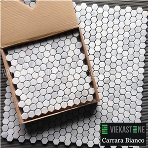 Bianco Carrara White Marble Mosaictile Hexagon Pattern Chips Chips 1‘’Sheet 12‘’X12 for Interiro Kitchen, Bathroom, Backsplash Wall Floor Covering