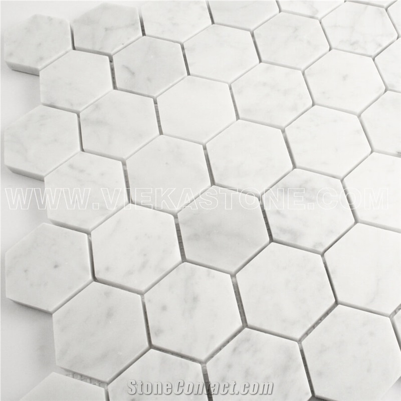 Bianco Carrara White Marble Mosaictile Hexagon Pattern Chips Chips 50mm Sheet 12‘’X12 for Interiro Kitchen, Bathroom, Backsplash Wall Floor Covering