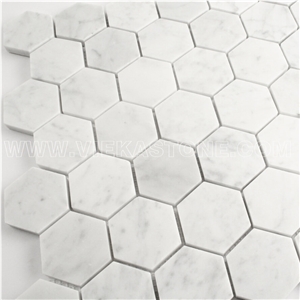 Bianco Carrara White Marble Mosaictile Hexagon Pattern Chips Chips 50mm Sheet 12‘’X12 for Interiro Kitchen, Bathroom, Backsplash Wall Floor Covering