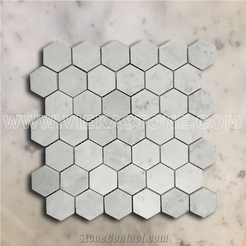 Bianco Carrara White Marble Mosaictile Hexagon Pattern Chips Chips 50mm Sheet 12‘’X12 for Interiro Kitchen, Bathroom, Backsplash Wall Floor Covering