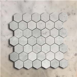 Bianco Carrara White Marble Mosaictile Hexagon Pattern Chips Chips 50mm Sheet 12‘’X12 for Interiro Kitchen, Bathroom, Backsplash Wall Floor Covering