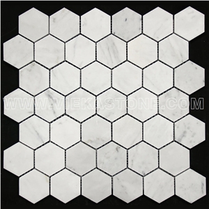 Bianco Carrara White Marble Mosaictile Hexagon Pattern Chips Chips 50mm Sheet 12‘’X12 for Interiro Kitchen, Bathroom, Backsplash Wall Floor Covering